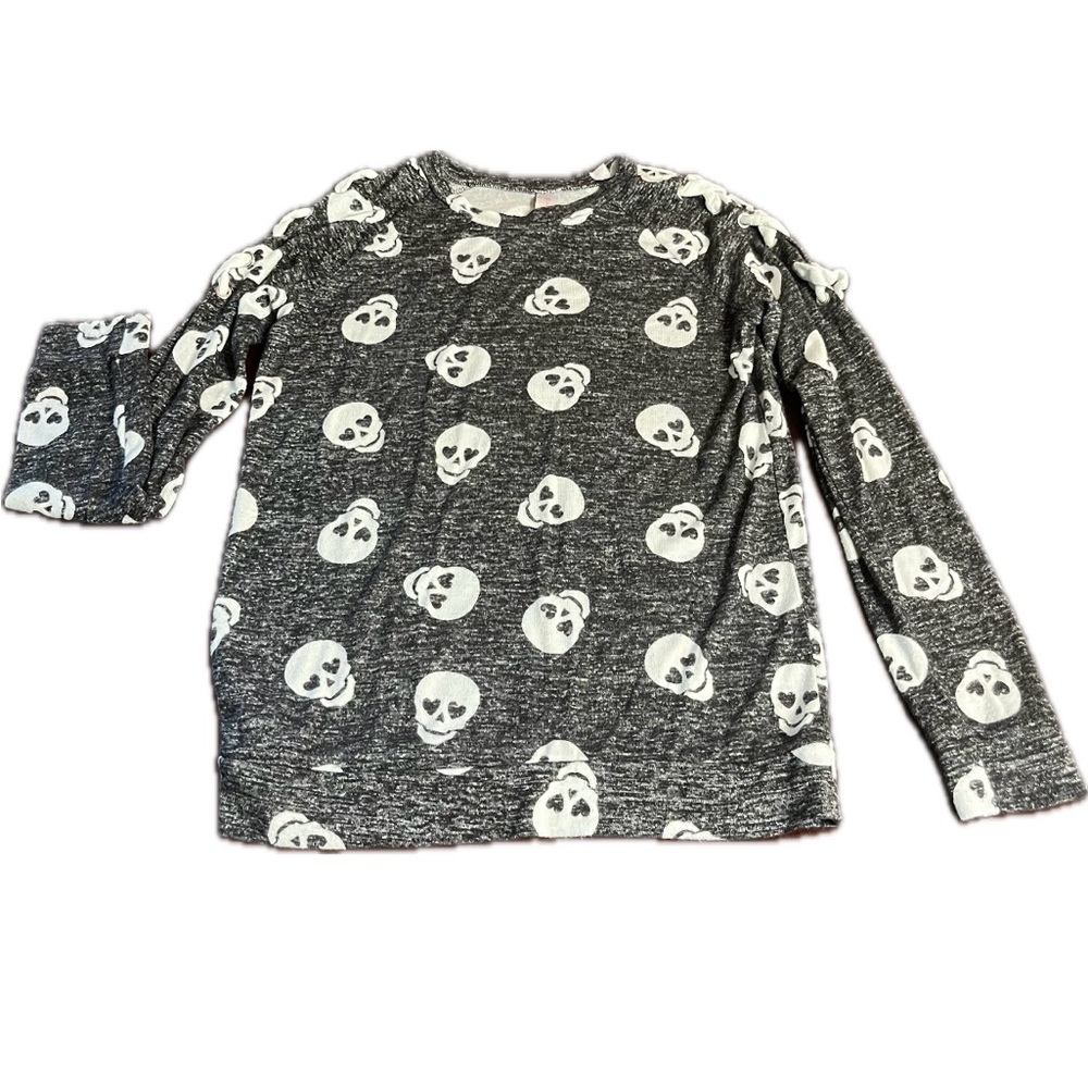 Skull black & white blouse criss cross design long sleeves size M 7/9